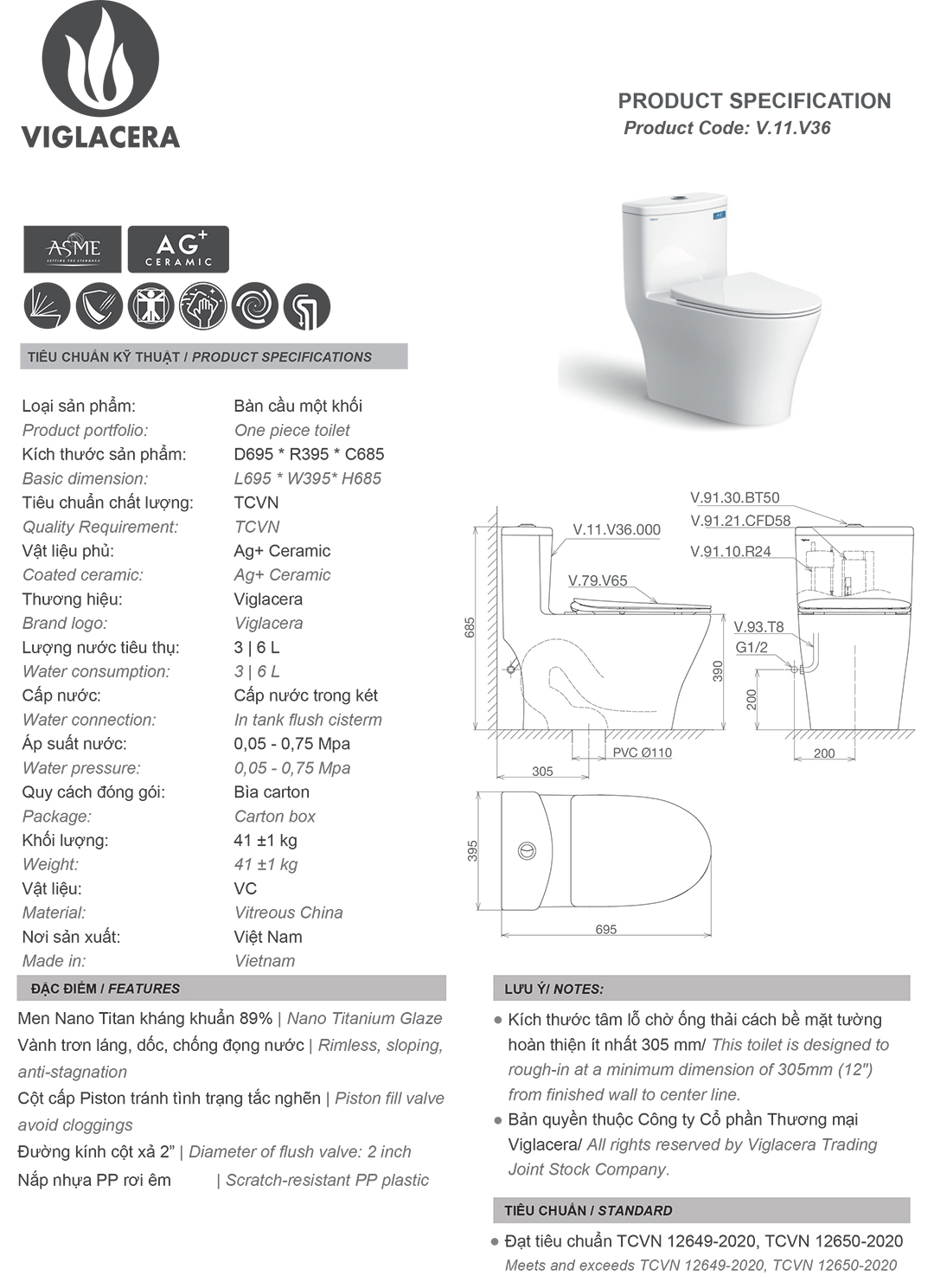 Thông số bồn cầu két liền 1 khối Viglacera V36 Bản vẽ thiết kế thông só kỹ thuật bồn cầu bệt vệ sinh két liền 1 khối Viglacera V36