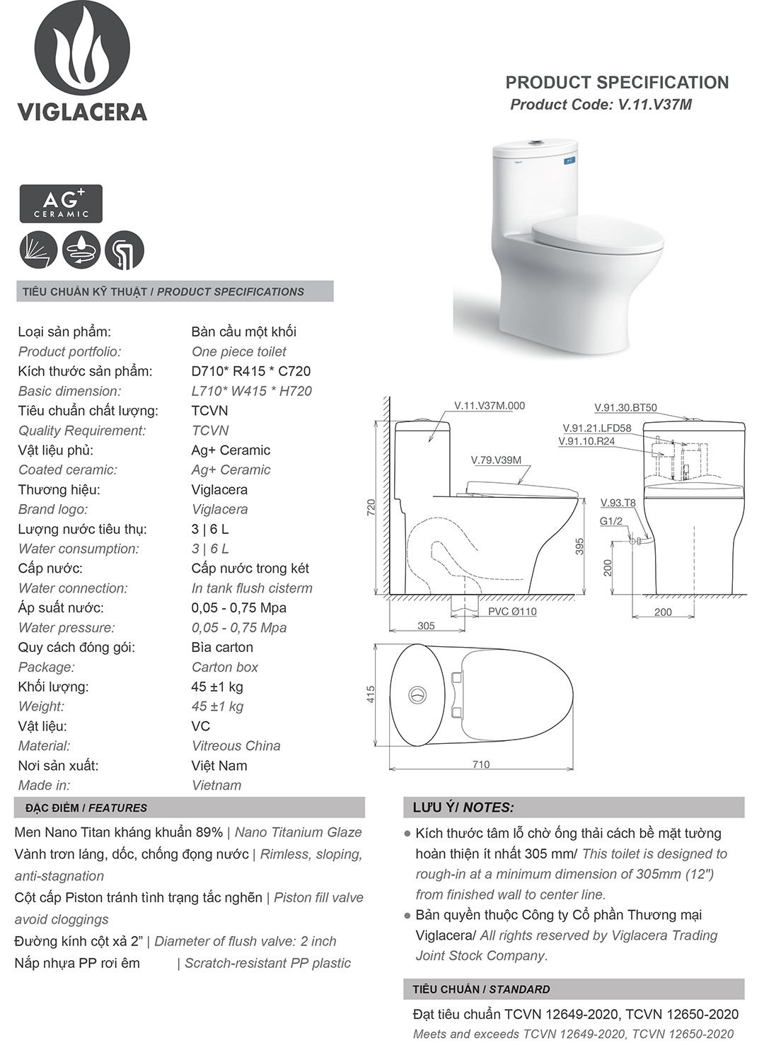 Thông số bồn cầu két liền 1 khối Viglacera V37 Bản vẽ thiết kế thông só kỹ thuật bồn cầu bệt vệ sinh két liền 1 khối Viglacera V37