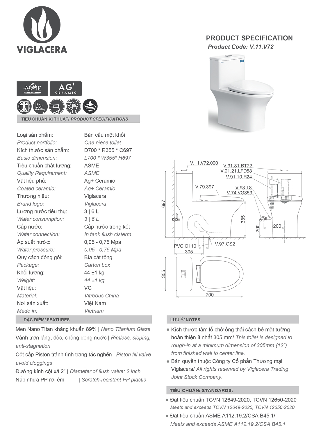 Thông số bồn cầu két liền 1 khối Viglacera V72 Thông số bồn cầu két liền 1 khối Viglacera V72