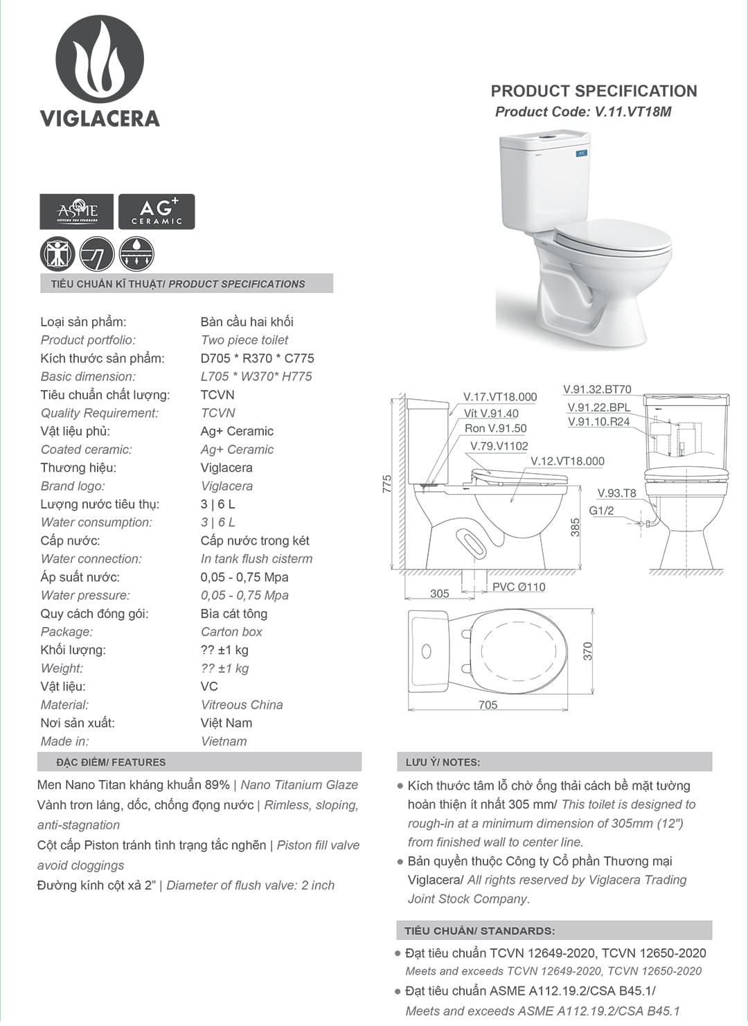 Bản vẽ thiết kế thông só kỹ thuật bồn cầu bệt vệ sinh két rời 02 khối Viglacera VT18M