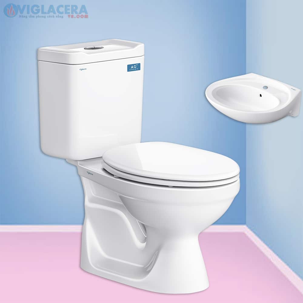 Bồn cầu, bệt vệ sinh két rời 2 khối Viglacera VT18M nắp V1102 chính hãng giá rẻ, xả xoáy, men Nano kháng khuẩn tặng lavabo VTL2