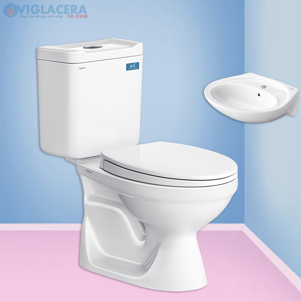 Bồn cầu, bệt vệ sinh két rời 2 khối Viglacera VT18M nắp đóng êm V116 chính hãng giá rẻ, xả xoáy, men Nano kháng khuẩn tặng lavabo VTL2