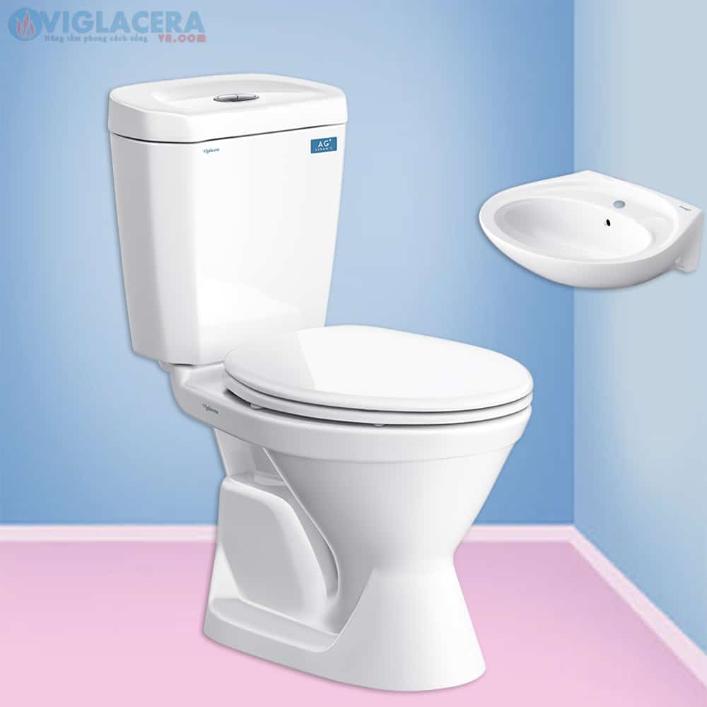 Bồn cầu, bệt vệ sinh két rời 2 khối Viglacera Vi66 nắp V1102 chính hãng giá rẻ, xả xoáy, men Nano kháng khuẩn tặng lavabo VTL2
