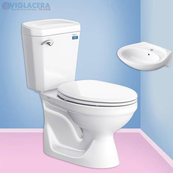 Bồn cầu, bệt vệ sinh két rời 2 khối Viglacera Vi77 nắp V1102 chính hãng giá rẻ, xả xoáy, men Nano kháng khuẩn tặng lavabo VTL2