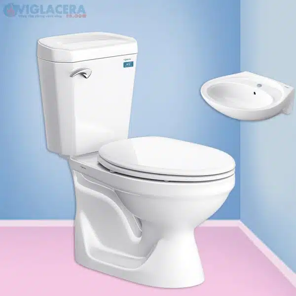 Bồn cầu, bệt vệ sinh két rời 2 khối Viglacera Vi77 nắp V1102 chính hãng giá rẻ, xả xoáy, men Nano kháng khuẩn tặng lavabo VTL2