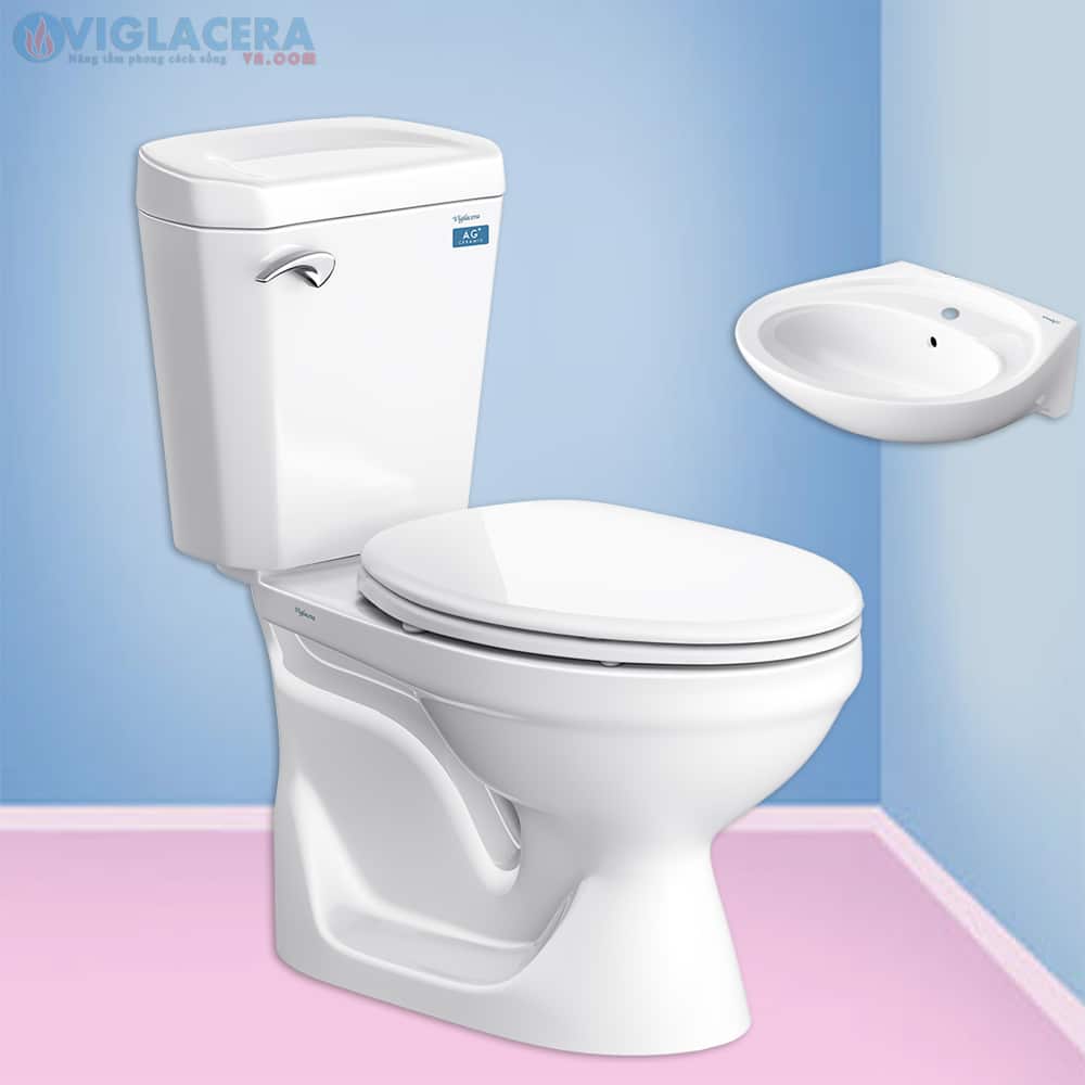Bồn cầu, bệt vệ sinh két rời 2 khối Viglacera Vi77 nắp V1102 chính hãng giá rẻ, xả xoáy, men Nano kháng khuẩn tặng lavabo VTL2