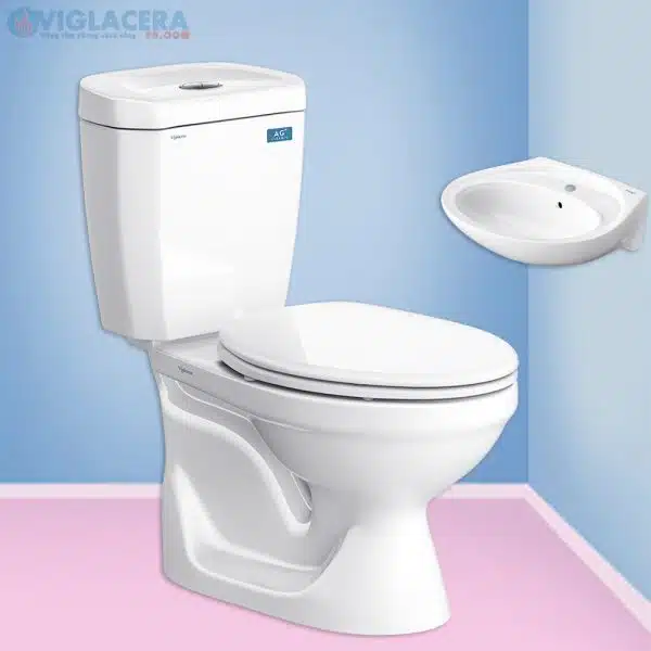 Bồn cầu, bệt vệ sinh két rời 2 khối Viglacera Vi88 nắp V1102 chính hãng giá rẻ, xả xoáy, men Nano kháng khuẩn tặng lavabo VTL2