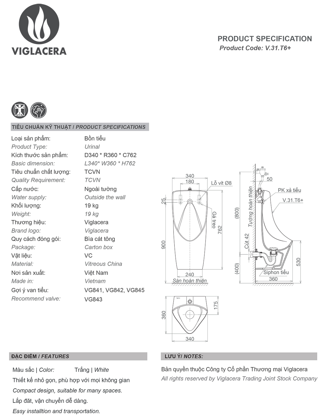 Thông số bồn tiểu nam Viglacera T6 cấp dương Bản vẽ thiết kế thông só kỹ thuật bồn tiểu nam Viglacera T6
