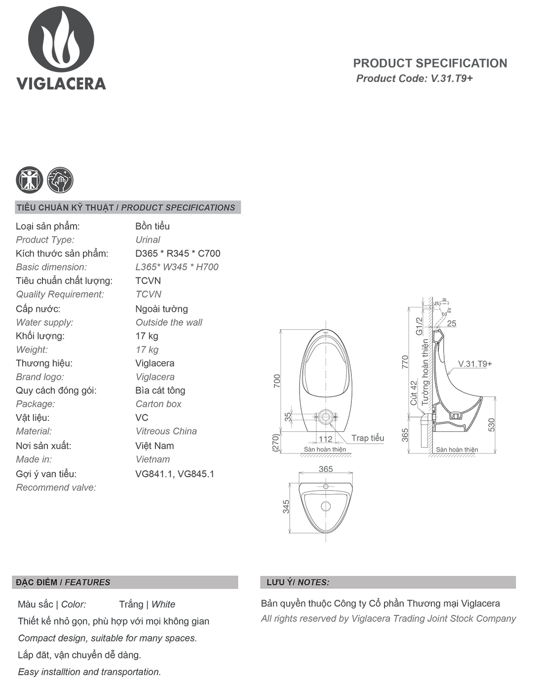 Thông số bồn tiểu nam Viglacera T9 cấp dương Bản vẽ thiết kế thông só kỹ thuật bồn tiểu nam Viglacera T9