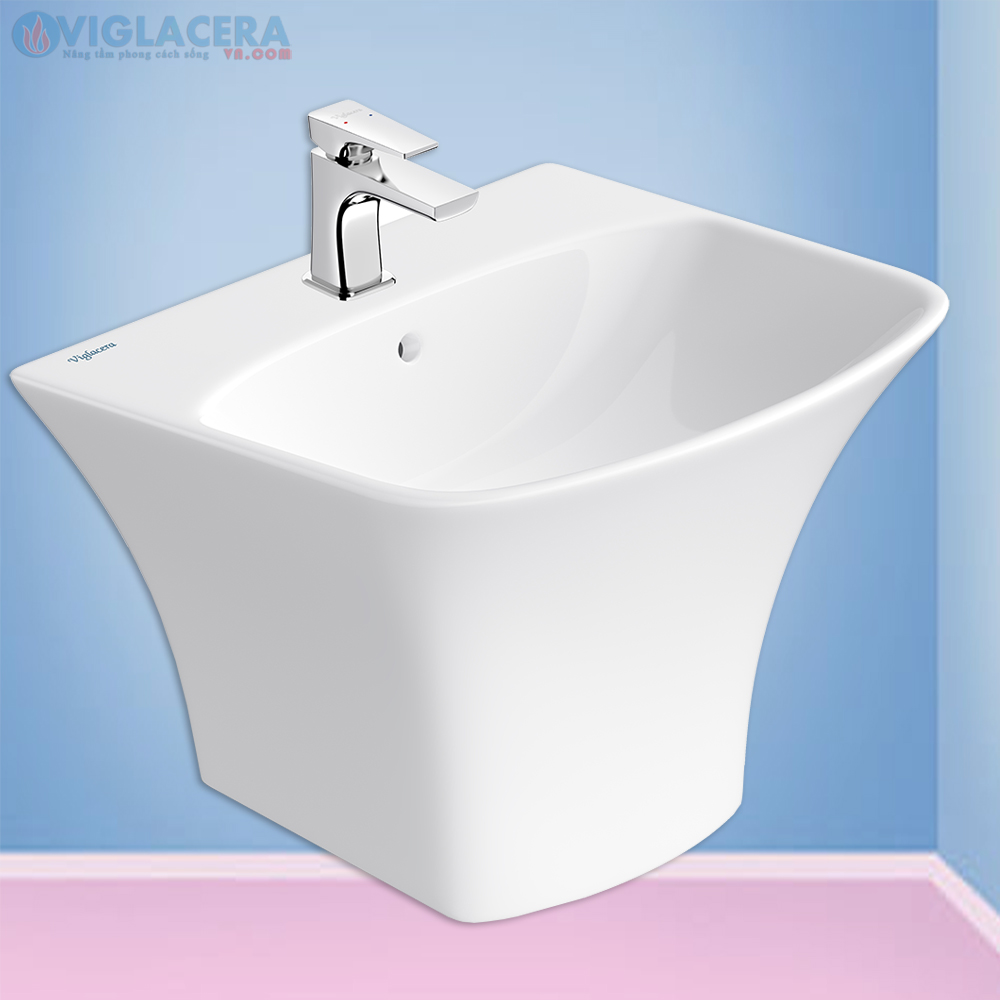 Bộ chậu rửa mặt lavabo treop tường liền khối Viglacera V64 kèm chân đỡ treo tưởng nhỏ gọn, vững chắc.
