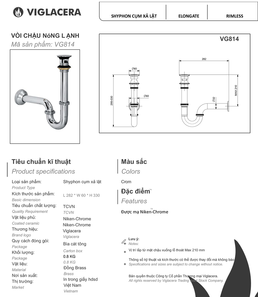 Thông số bộ xả lavabo Viglacera VG814 Bản vẽ thông số kỹ thuật bộ xiphong xả thoát nước chậu rửa lavabo Viglacera VG814, Bộ xả lavabo lật