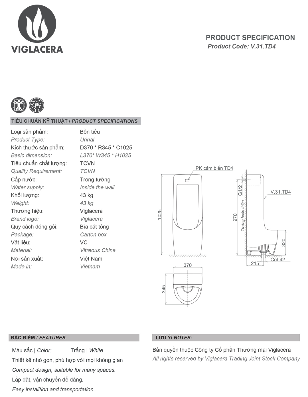 Bồn tiểu nam đặt sàn Viglacera TD4 Bản vẽ thiết kế thông só kỹ thuật bồn tiểu nam Viglacera TD4