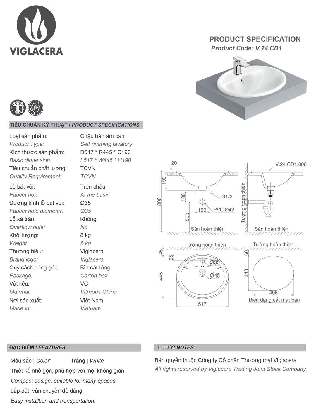 Thông số chậu rửa lavabo âm bàn Viglacera CD1 Bộ chậu rửa mặt lavabo âm bàn Viglacera CD1, men nano titan kháng khuẩn