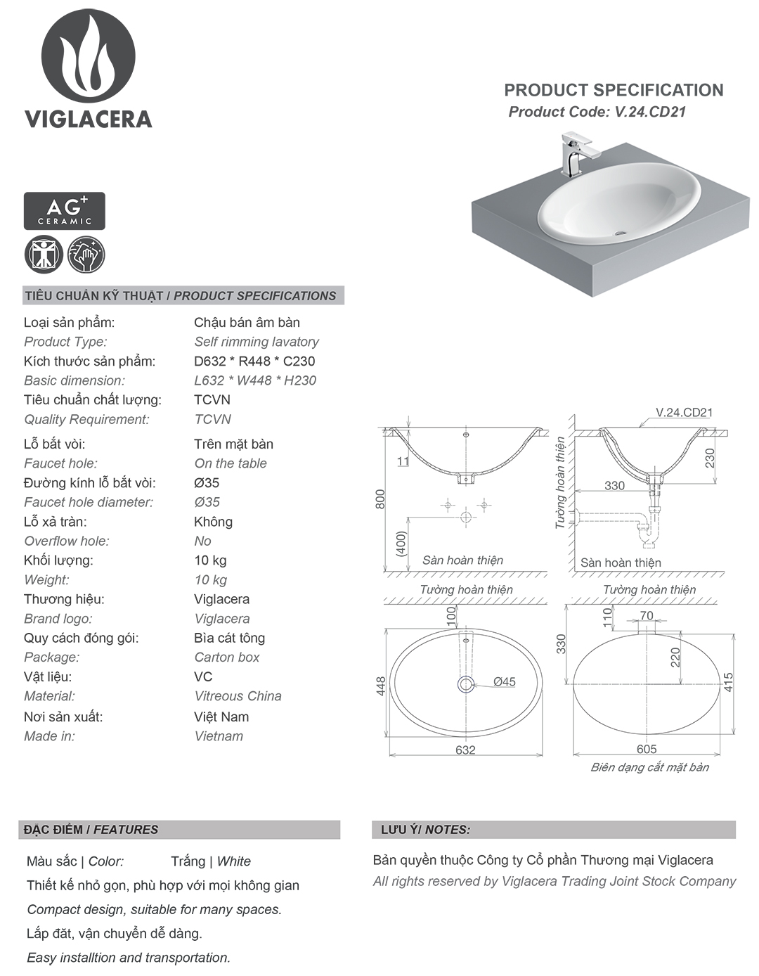 Thông số chậu rửa lavabo âm bàn Viglacera CD21 Bản vẽ thông số Bộ chậu rửa mặt lavabo âm bàn Viglacera CD21, men nano titan kháng khuẩn