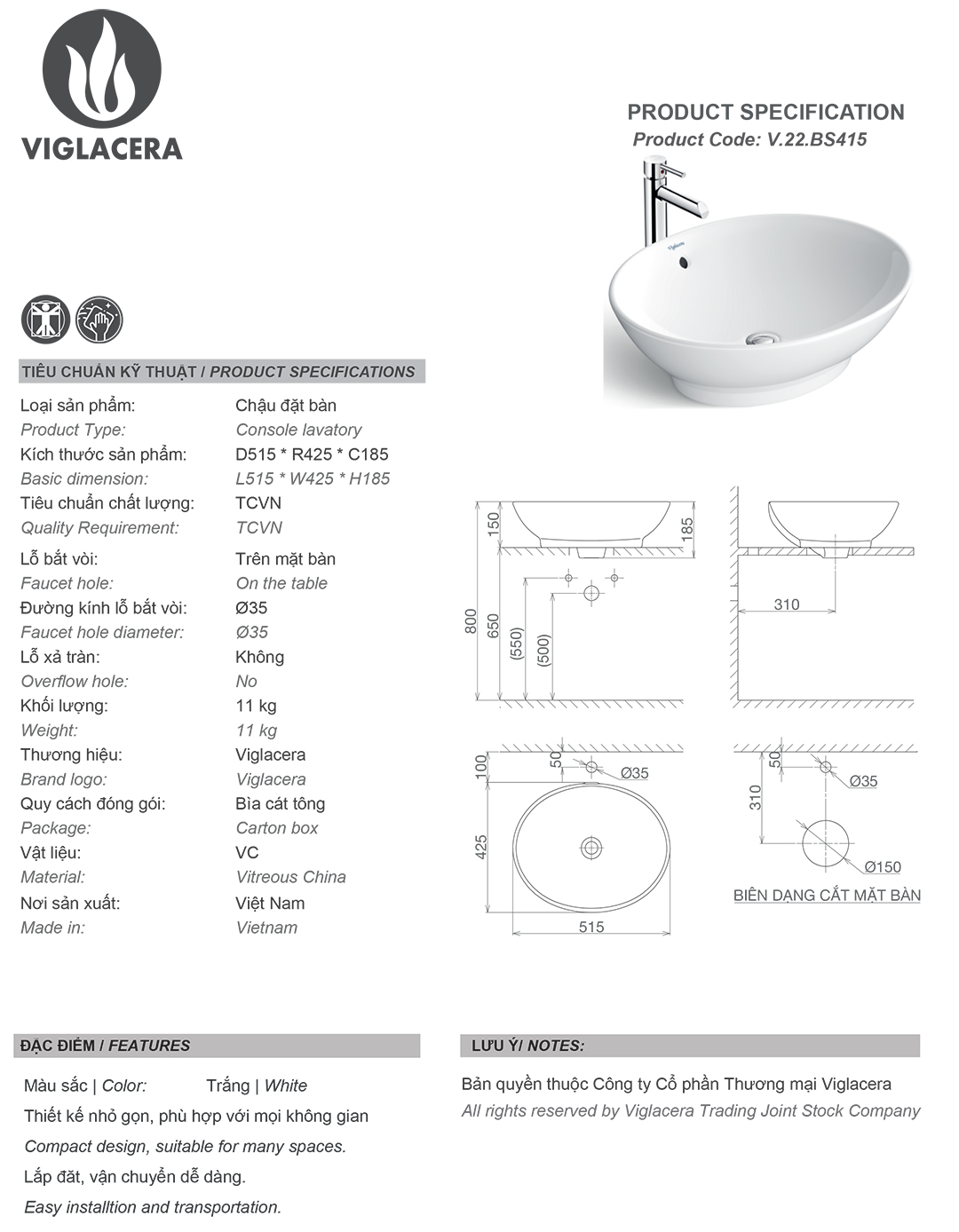 Thông số chậu rửa lavabo Viglacera BS415 Bản vẽ thông số kỹ thuật chậu rửa mặt lavabo đặt bàn Viglacera BS4015