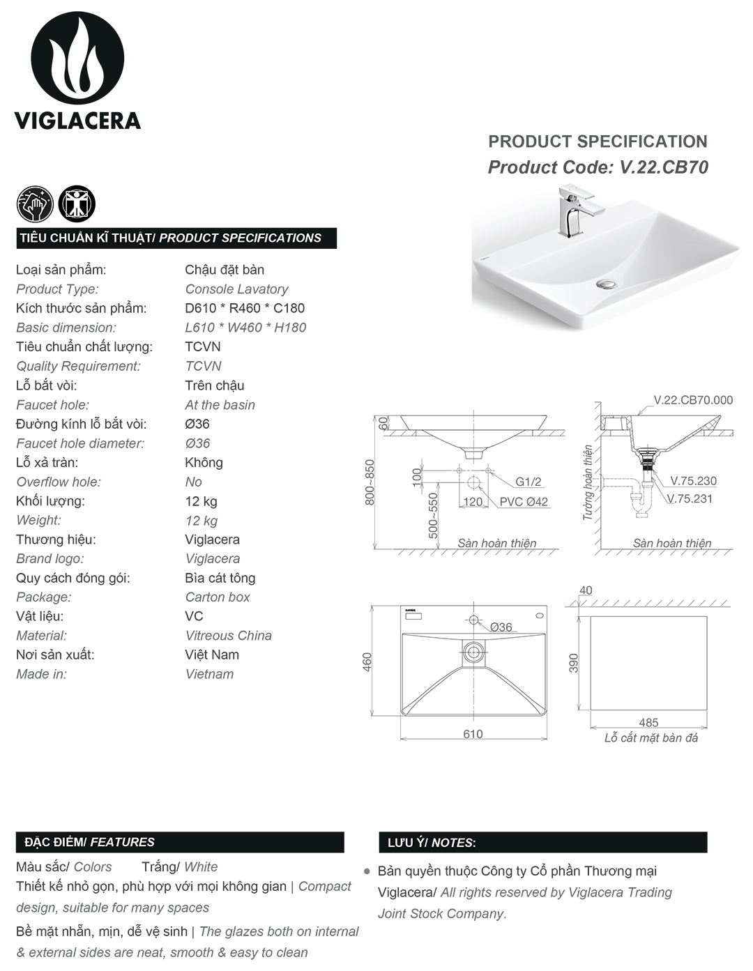 Thông số chậu rửa lavabo đặt bàn Viglacera CB70 Bản vẽ thông số Bộ chậu rửa mặt lavabo đặt bàn Viglacera CB70, men nano titan kháng khuẩn