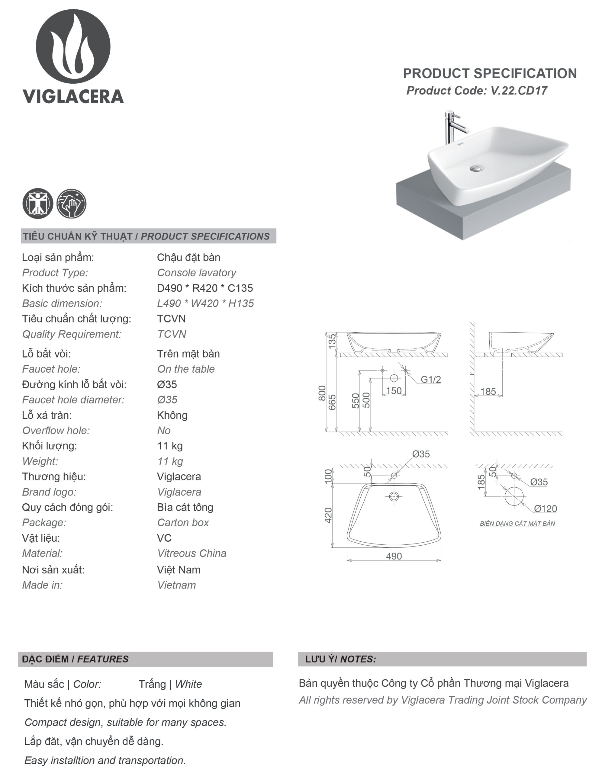 Thông số chậu rửa lavabo đặt bàn Viglacera CD16 Bản vẽ thông số Bộ chậu rửa mặt lavabo đặt bàn Viglacera CD17, men nano titan kháng khuẩn