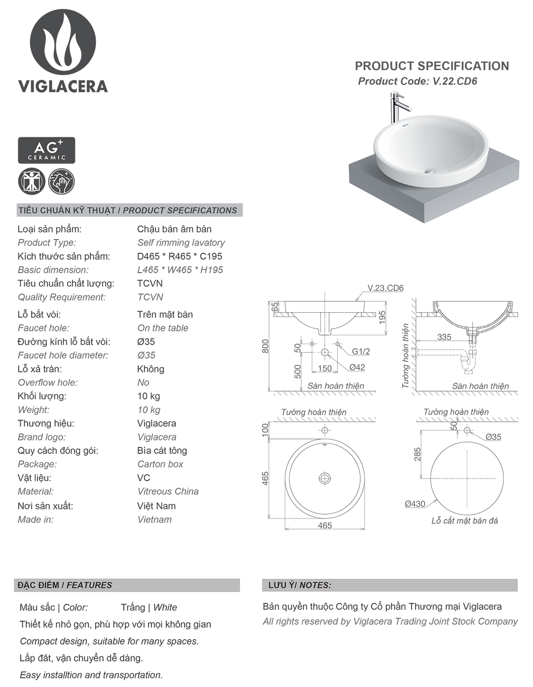 Thông số chậu rửa lavabo đặt bàn Viglacera CD6 Bản vẽ thông số Bộ chậu rửa mặt lavabo đặt bàn Viglacera CD6, men nano titan kháng khuẩn