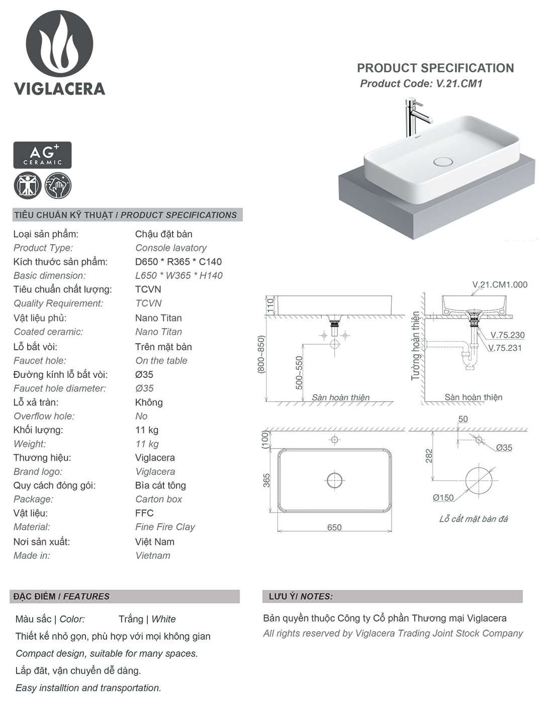 Thông số chậu rửa lavabo đặt bàn Viglacera CM1 Bản vẽ thông số Bộ chậu rửa mặt lavabo đặt bàn Viglacera CM1, men nano titan kháng khuẩn