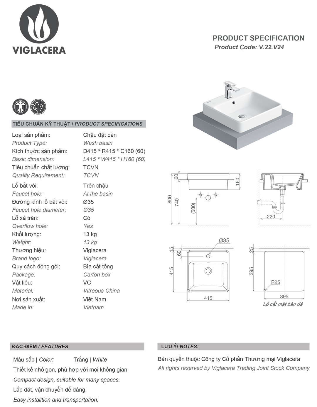Thông số chậu rửa lavabo đặt bàn Viglacera V24 Bản vẽ thông số Bộ chậu rửa mặt lavabo đặt bàn Viglacera V24, men nano titan kháng khuẩn