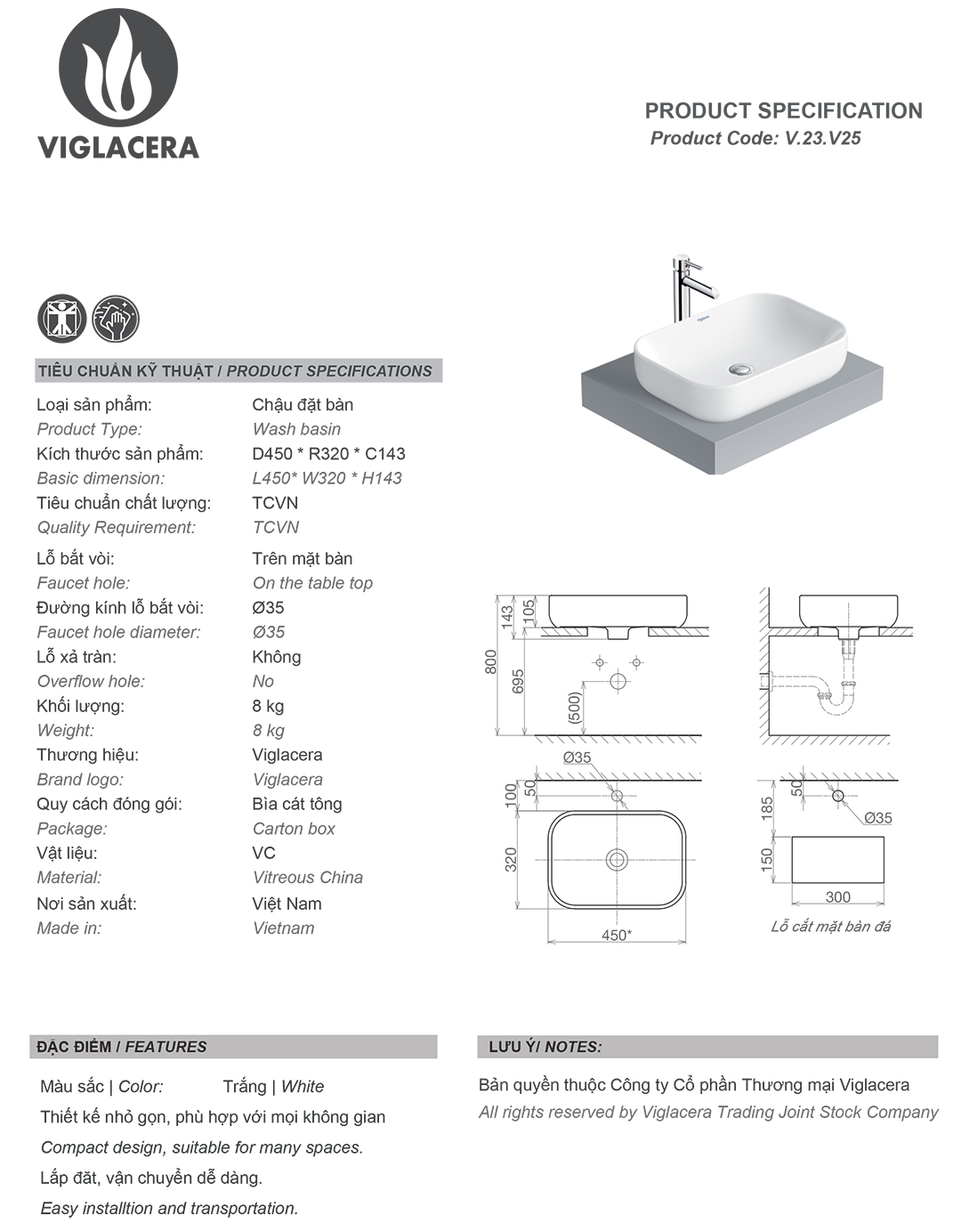 Thông số chậu rửa lavabo đặt bàn Viglacera V25 Bản vẽ thông số Bộ chậu rửa mặt lavabo đặt bàn Viglacera V25, men nano titan kháng khuẩn
