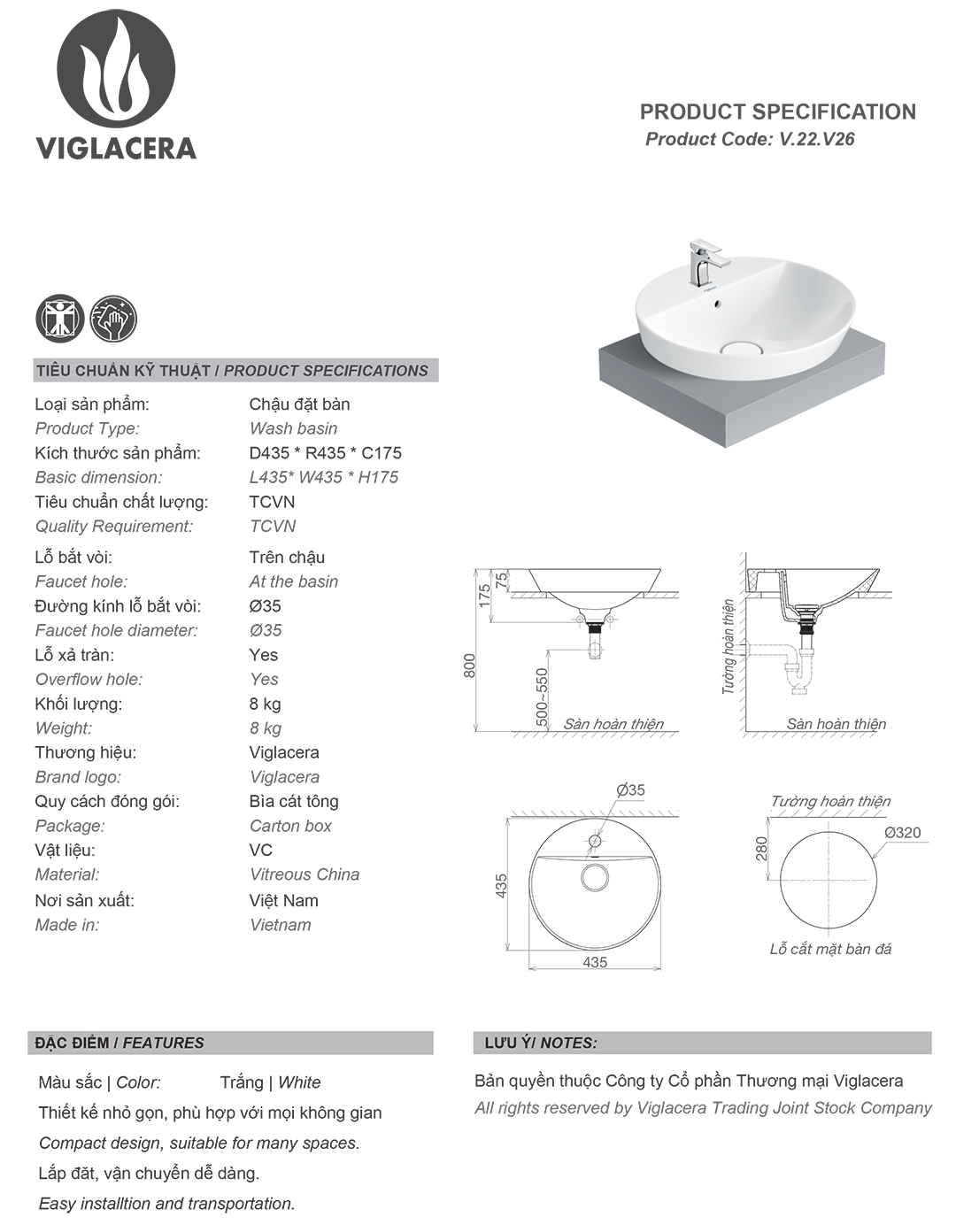 Thông số chậu rửa lavabo đặt bàn Viglacera V26 Bản vẽ thông số Bộ chậu rửa mặt lavabo đặt bàn Viglacera V26, men nano titan kháng khuẩn