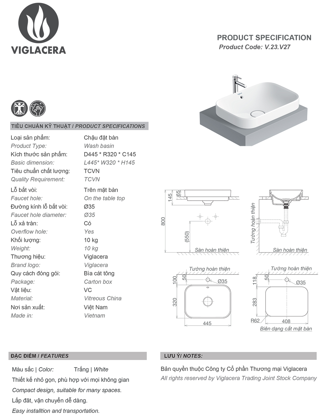 Thông số chậu rửa lavabo đặt bàn Viglacera V27 Bản vẽ thông số Bộ chậu rửa mặt lavabo đặt bàn Viglacera V27, men nano titan kháng khuẩn