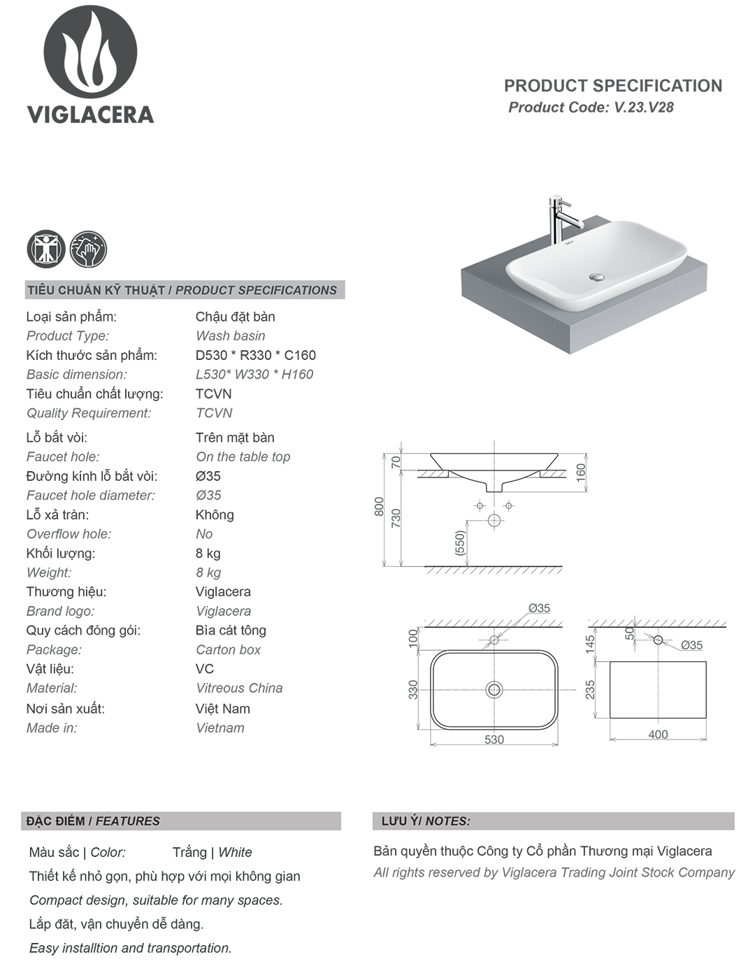 Thông số chậu rửa lavabo đặt bàn Viglacera V28 Bản vẽ thông số Bộ chậu rửa mặt lavabo đặt bàn Viglacera V28, men nano titan kháng khuẩn