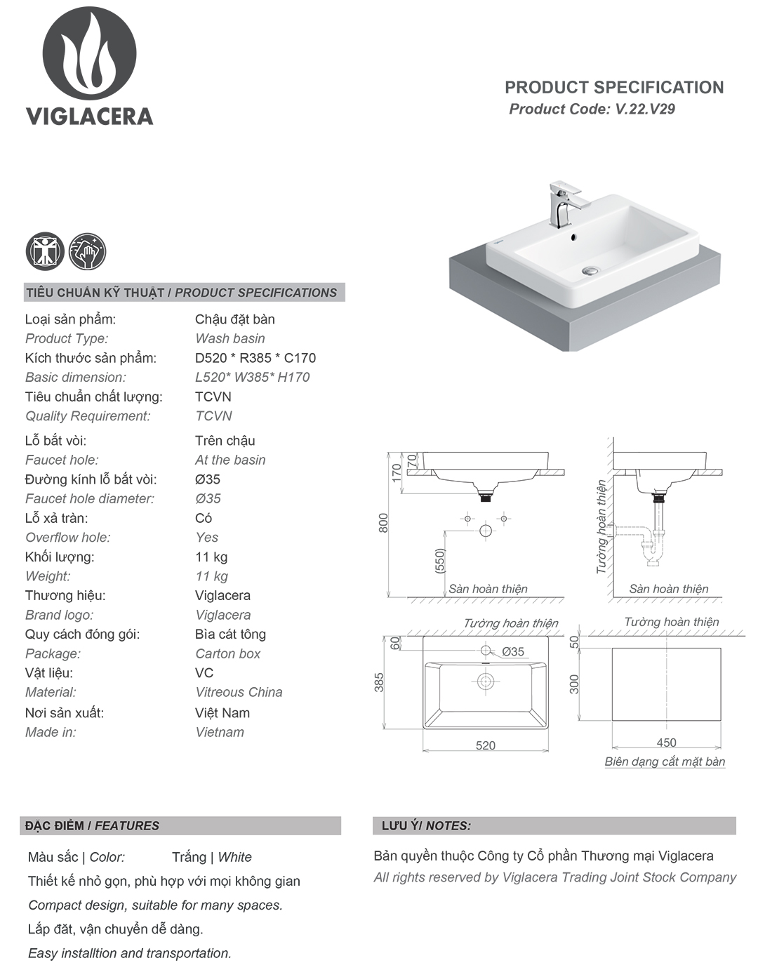 Thông số chậu rửa lavabo đặt bàn Viglacera V29 Bản vẽ thông số Bộ chậu rửa mặt lavabo đặt bàn Viglacera V29, men nano titan kháng khuẩn