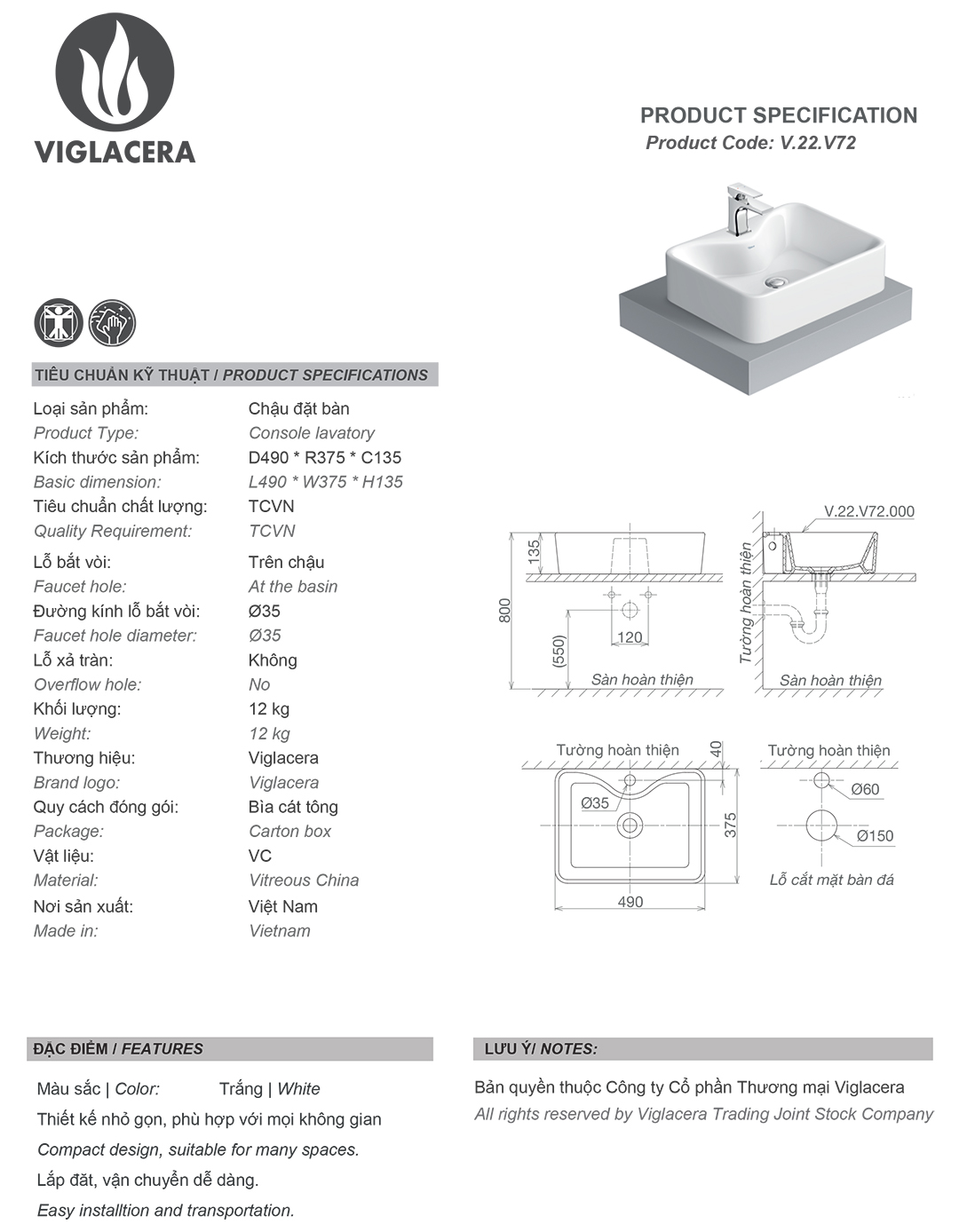 Thông số chậu rửa lavabo đặt bàn Viglacera V72 Bản vẽ thông số Bộ chậu rửa mặt lavabo đặt bàn Viglacera V72, men nano titan kháng khuẩn