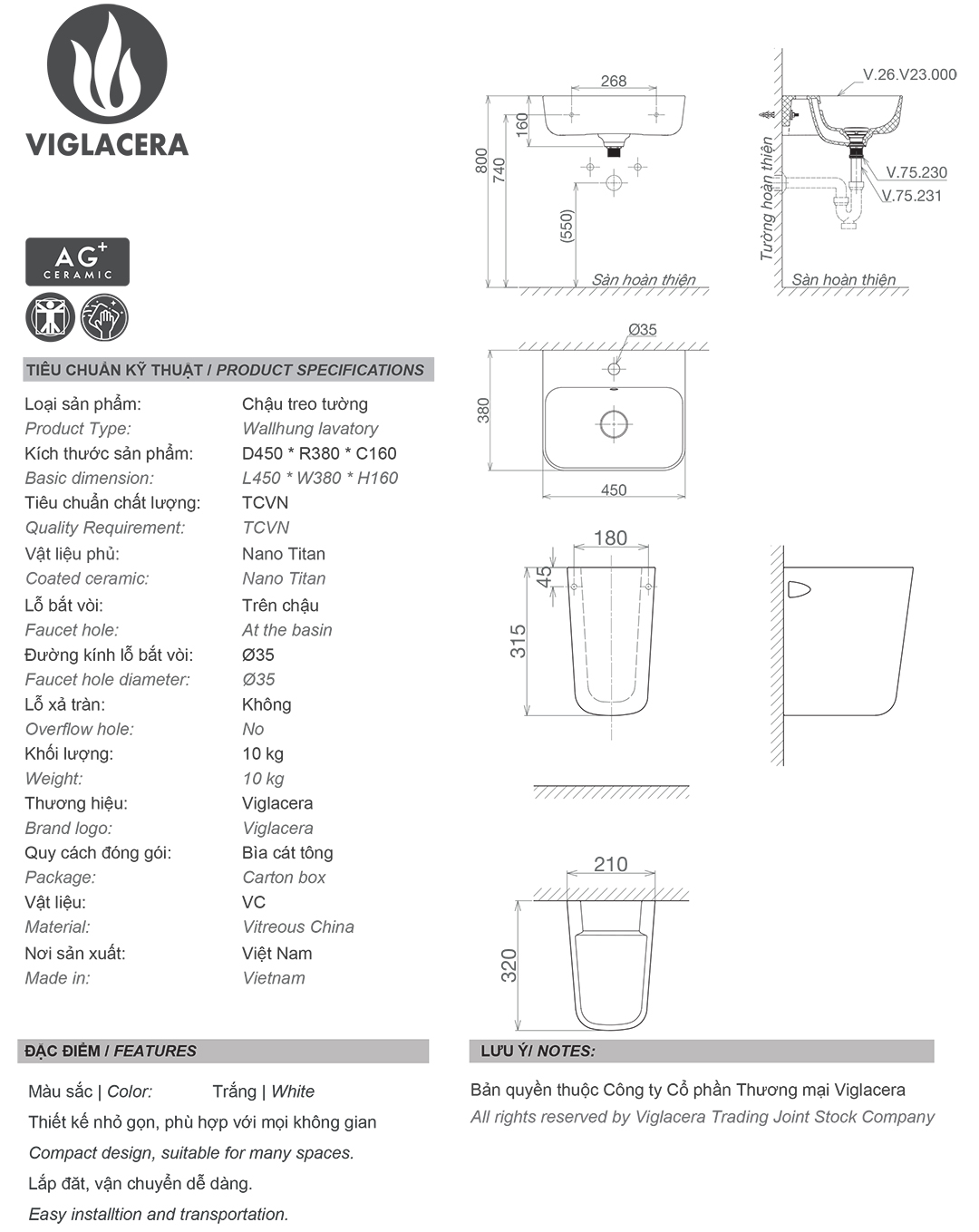 Thông số chậu rửa lavabo treo tường Viglacera V23 Bản vẽ thông số Bộ chậu rửa mặt lavabo treo tường Viglacera V23 kèm chân đỡ vững chắc