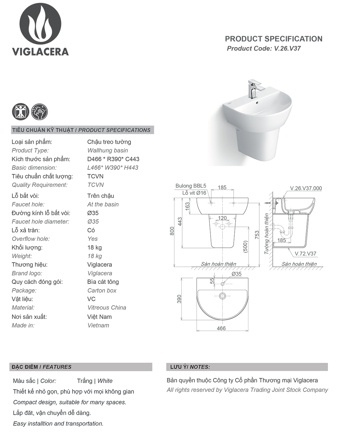 Thông số chậu rửa lavabo treo tường Viglacera V37 Bản vẽ thông số Bộ chậu rửa mặt lavabo treo tường Viglacera V37 kèm chân đỡ vững chắc