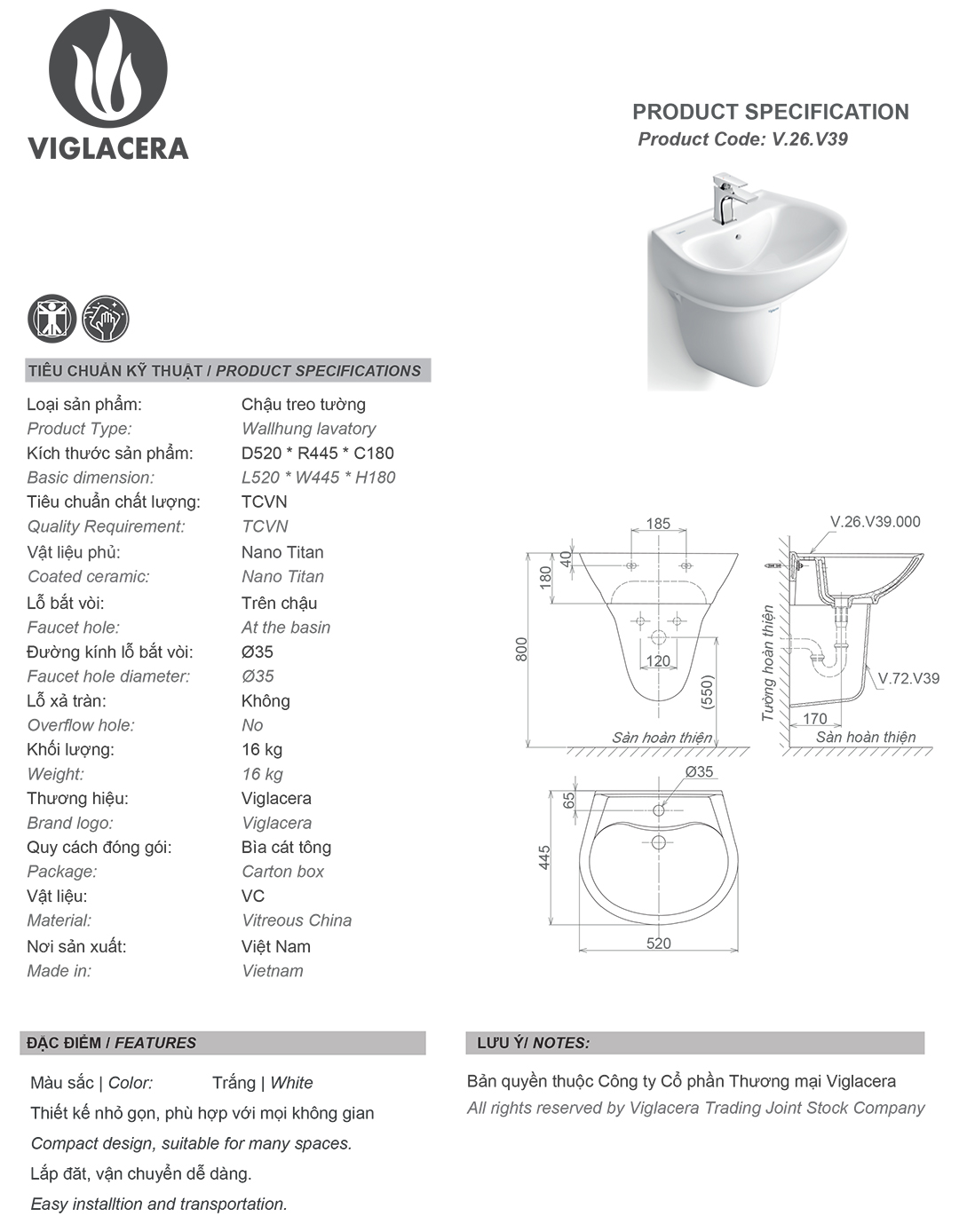 Thông số chậu rửa lavabo treo tường Viglacera V39 Bản vẽ thông số Bộ chậu rửa mặt lavabo treo tường Viglacera V39 kèm chân đỡ vững chắc
