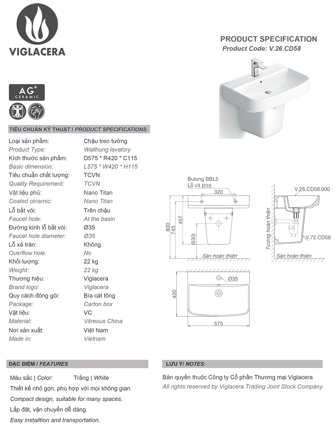 Thông số chậu rửa lavabo treo tường Viglacera CD58 Bản vẽ thông số Bộ chậu rửa mặt lavabo treo tường Viglacera V58 (CD58) kèm chân đỡ vững chắc