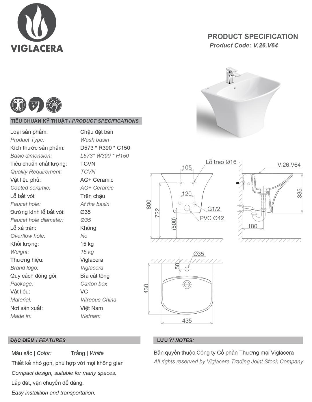 Thông số chậu rửa lavabo treo tường Viglacera V64 Bản vẽ thông số Bộ chậu rửa mặt lavabo treo tường Viglacera V64 kèm chân đỡ vững chắc
