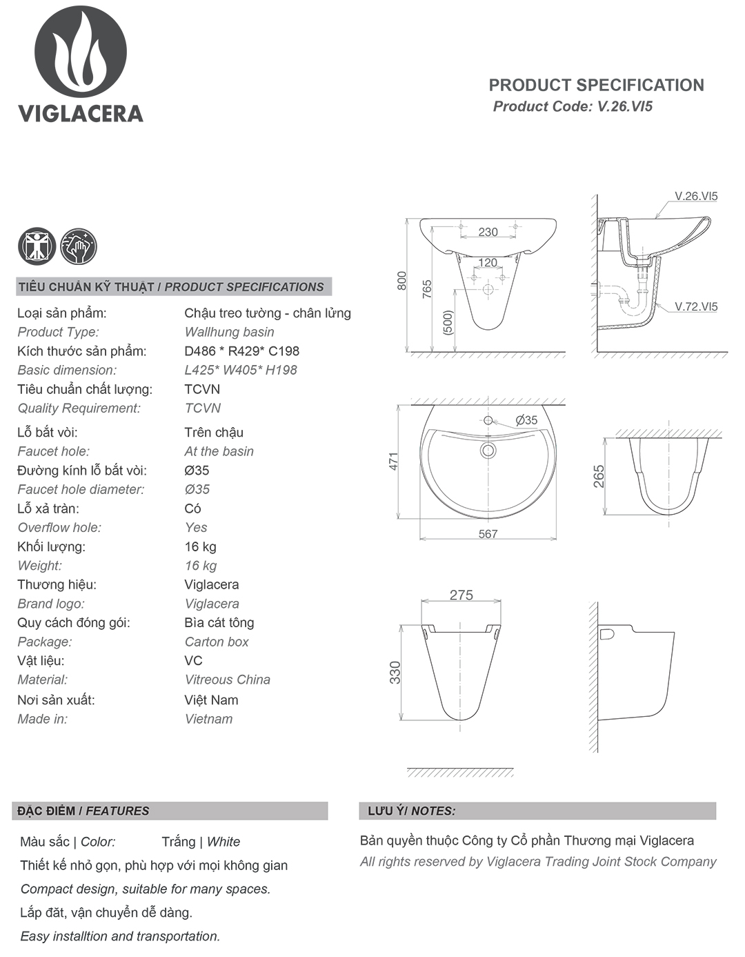 Thông số chậu rửa lavabo treo tường Viglacera Vi5 Bản vẽ thông số Bộ chậu rửa mặt lavabo treo tường Viglacera Vi5 kèm chân đỡ vững chắc