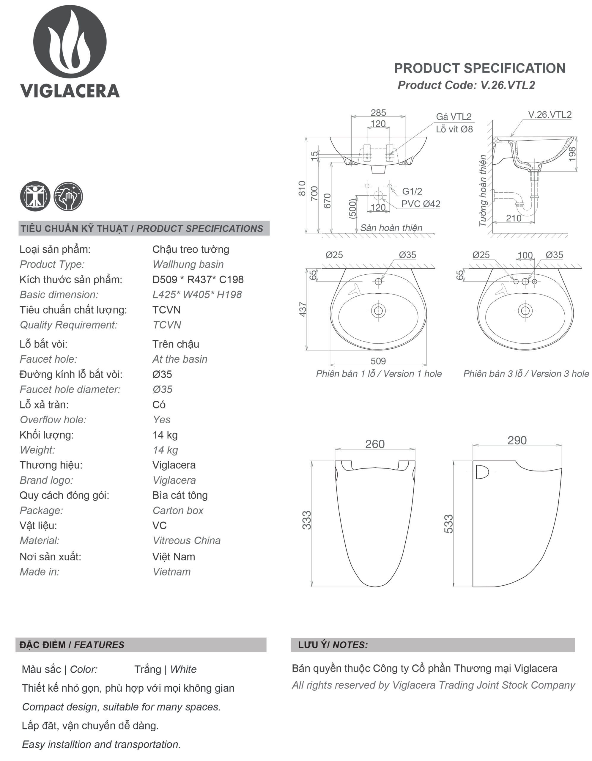 Thông số chậu rửa lavabo treo tường Viglacera VTL2 Bản vẽ thông số Bộ chậu rửa mặt lavabo treo tường Viglacera VTL2 kèm chân đỡ vững chắc