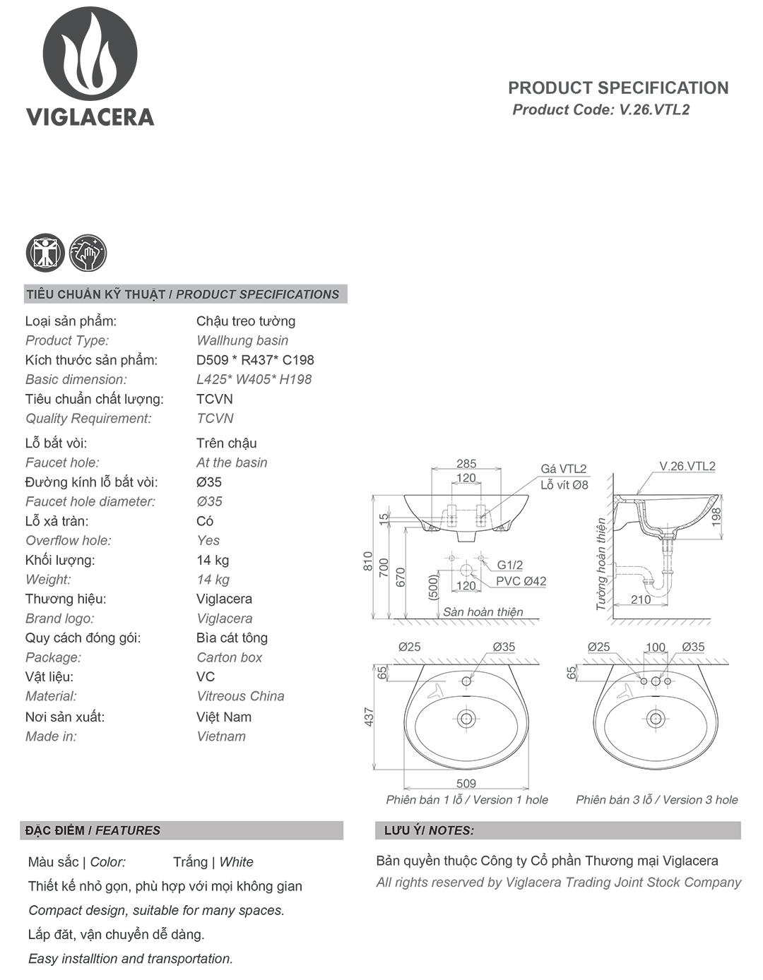 Thông số chậu rửa lavabo treo tường Viglacera VTL2 Bản vẽ thiết kế thông số kỹ thuật vòi van xả bồn tiểu nam Viglacera VG841