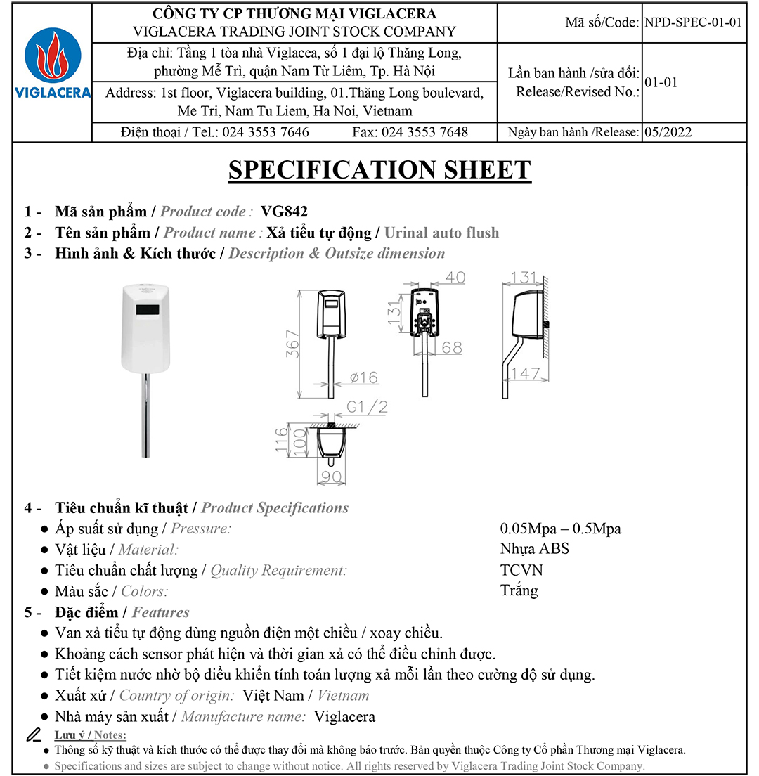 Thông số van xả cảm ứng bồn tiểu nam Viglacera Bản vẽ thiết kế thông só kỹ thuật bồn tiểu nam Viglacera VG842
