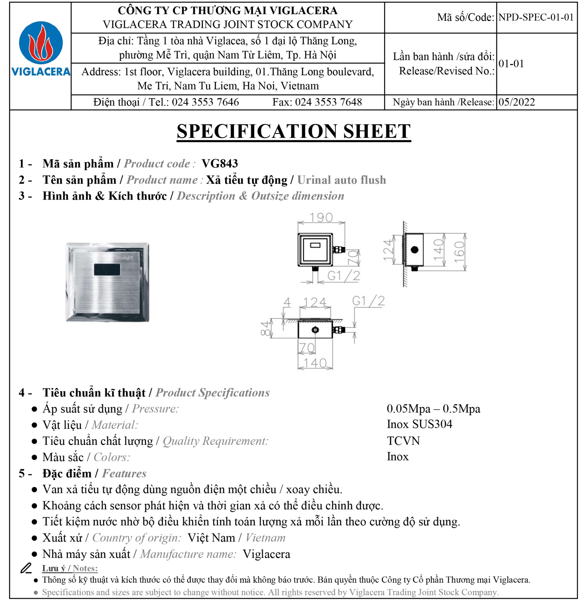 Thông số van xả cảm ứng bồn tiểu nam Viglacera Bản vẽ thiết kế thông só kỹ thuật bồn tiểu nam Viglacera VG843