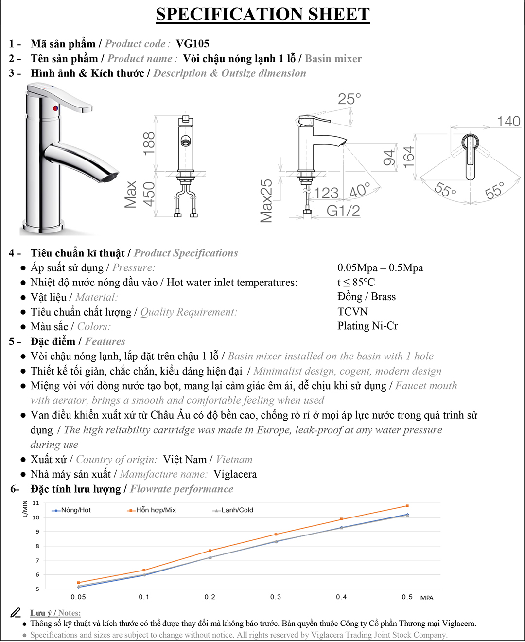 Thông số vòi lavabo nóng lạnh Viglacera VG105 Bản vẽ thông số kỹ thuật vòi chậu rửa lavabo nóng lạnh Viglacera VG105 chính hãng đúc nguyên khối từ đồng thau cao cấp.