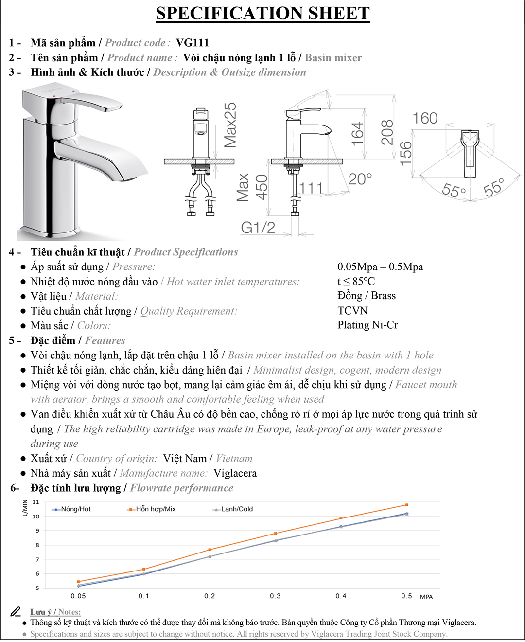 Thông số vòi lavabo nóng lạnh Viglacera VG111 Bản vẽ thông số kỹ thuật vòi chậu rửa lavabo nóng lạnh Viglacera VG111 chính hãng đúc nguyên khối từ đồng thau cao cấp.