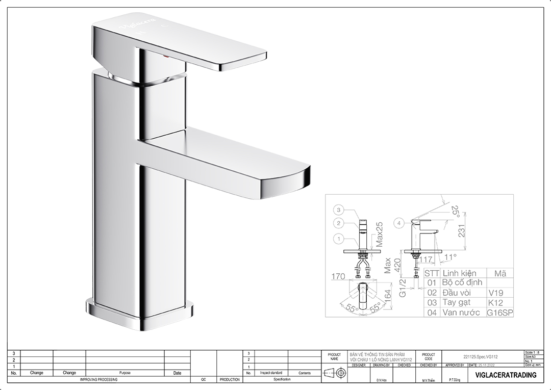 Thông số vòi lavabo nóng lạnh Viglacera VG112 Bản vẽ thông số kỹ thuật vòi chậu rửa lavabo nóng lạnh Viglacera VG112 chính hãng đúc nguyên khối từ đồng thau cao cấp.