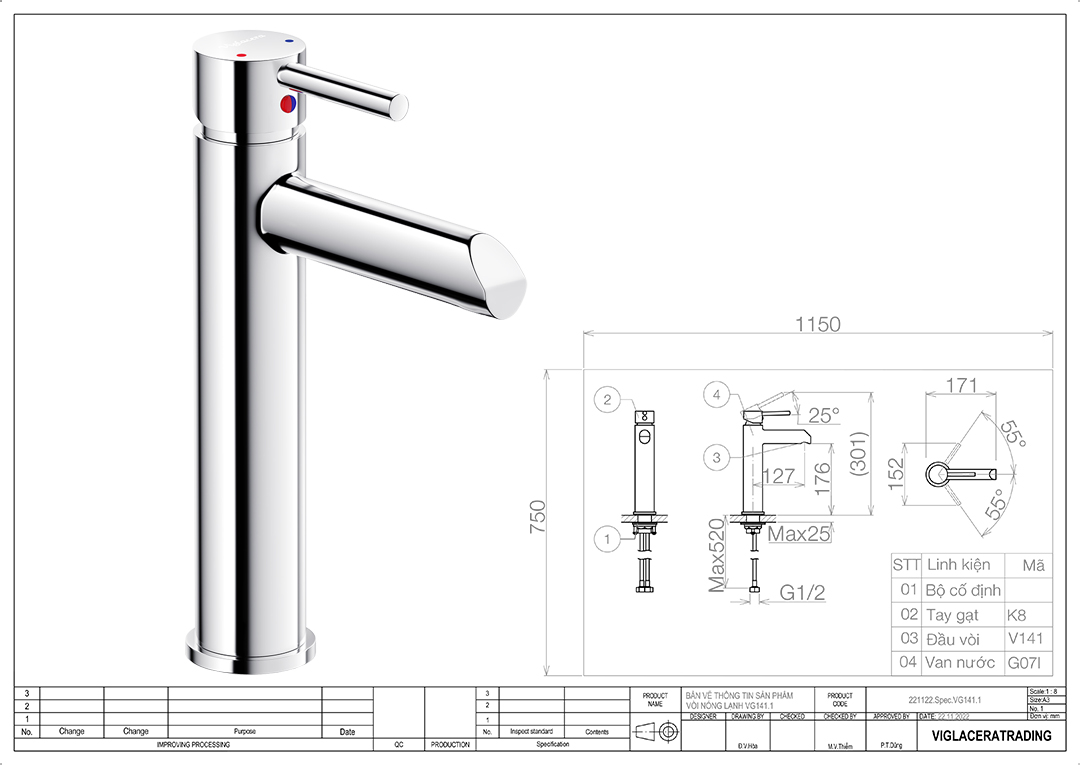 Thông số vòi lavabo nóng lạnh Viglacera VG141.1 Bản vẽ thông số kỹ thuật vòi chậu rửa lavabo nóng lạnh Viglacera VG141.1 chính hãng cao 30cm dùng chao chậu rửa lavabo đặt bàn dạng tô vòi gắn trên mặt đá.