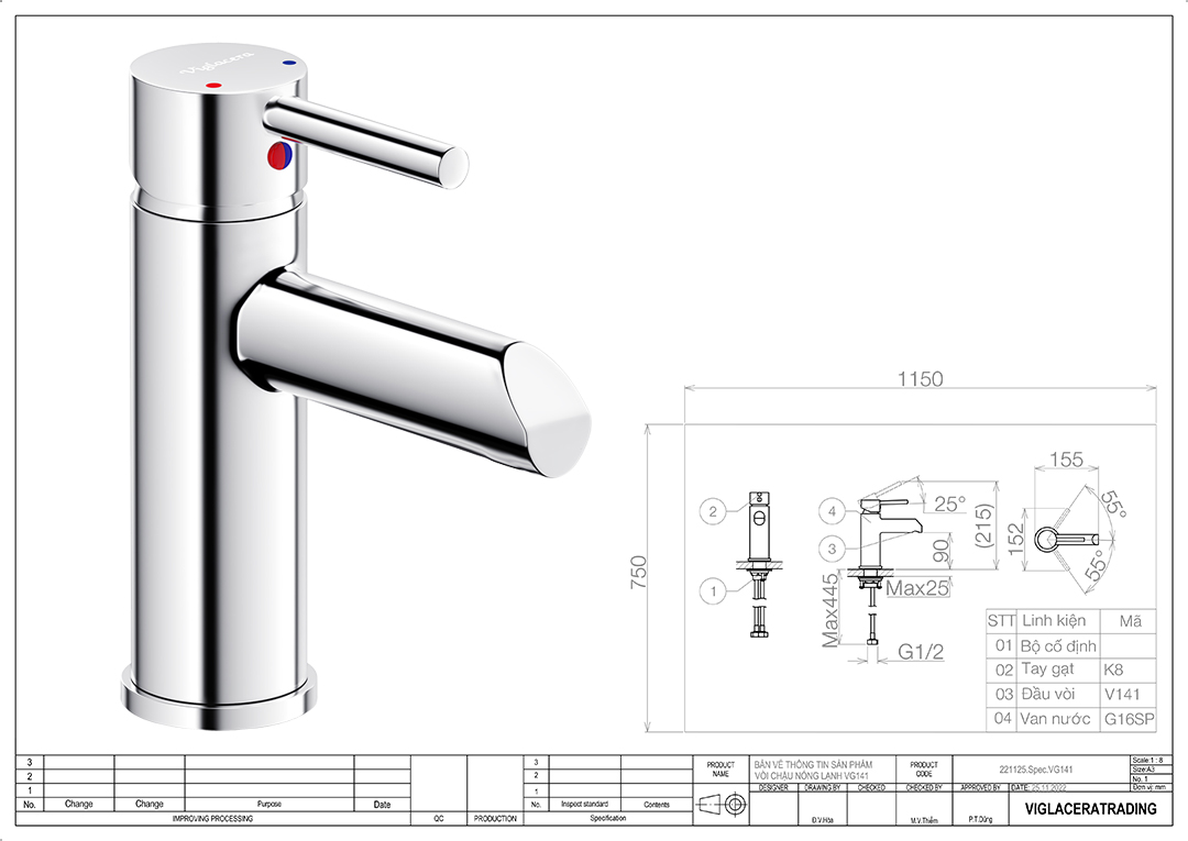 Thông số vòi lavabo nóng lạnh Viglacera VG141 Bản vẽ thông số kỹ thuật vòi chậu rửa lavabo nóng lạnh Viglacera VG141 chính hãng đúc nguyên khối từ đồng thau cao cấp.