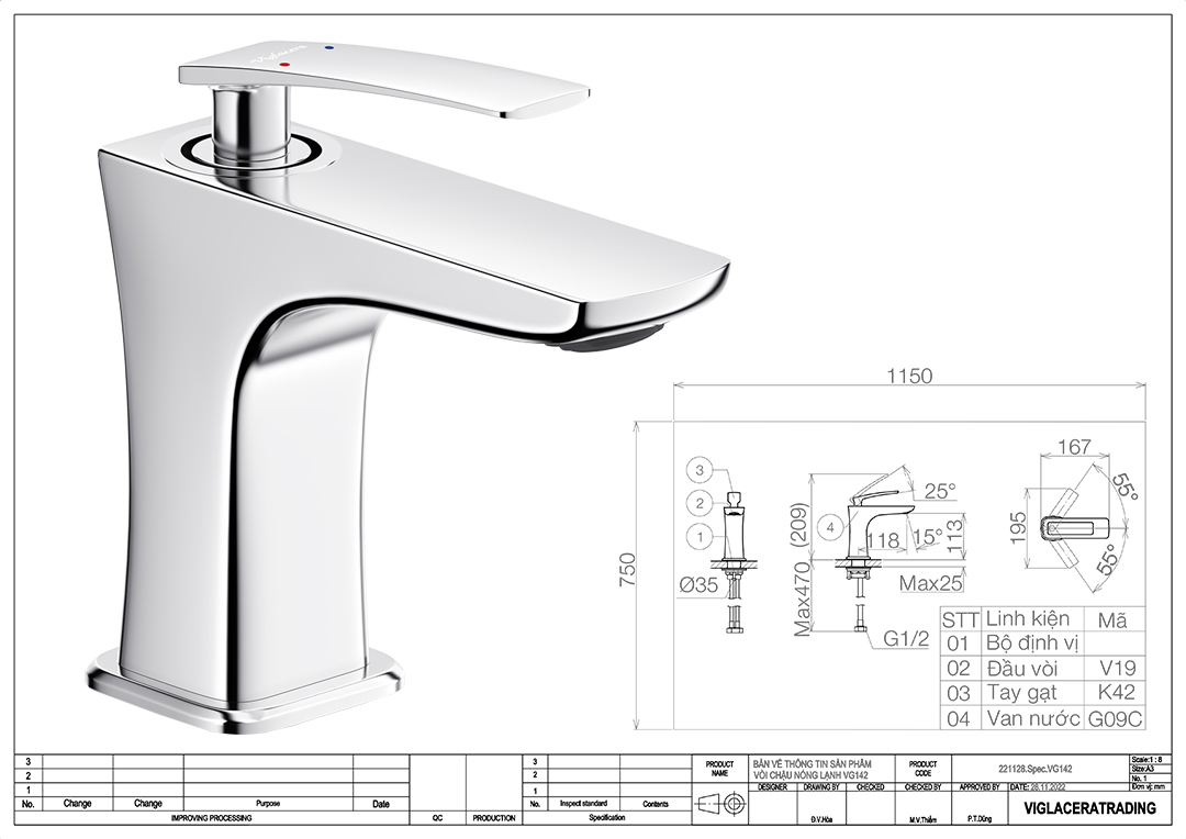 Thông số vòi lavabo nóng lạnh Viglacera VG142 Bản vẽ thông số kỹ thuật vòi chậu rửa lavabo nóng lạnh Viglacera VG142 chính hãng đúc nguyên khối từ đồng thau cao cấp.