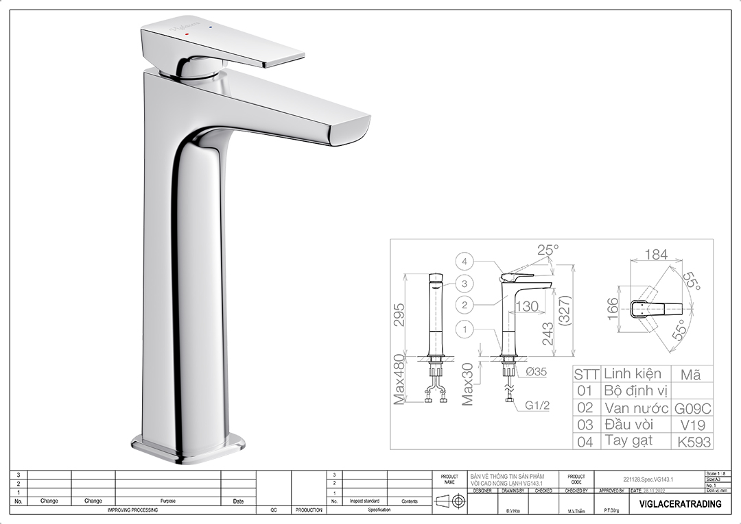 Thông số vòi lavabo nóng lạnh Viglacera VG143.1 Bản vẽ thông số kỹ thuật vòi chậu rửa lavabo nóng lạnh Viglacera VG143.1 chính hãng cao 30cm dùng chao chậu rửa lavabo đặt bàn dạng tô vòi gắn trên mặt đá.