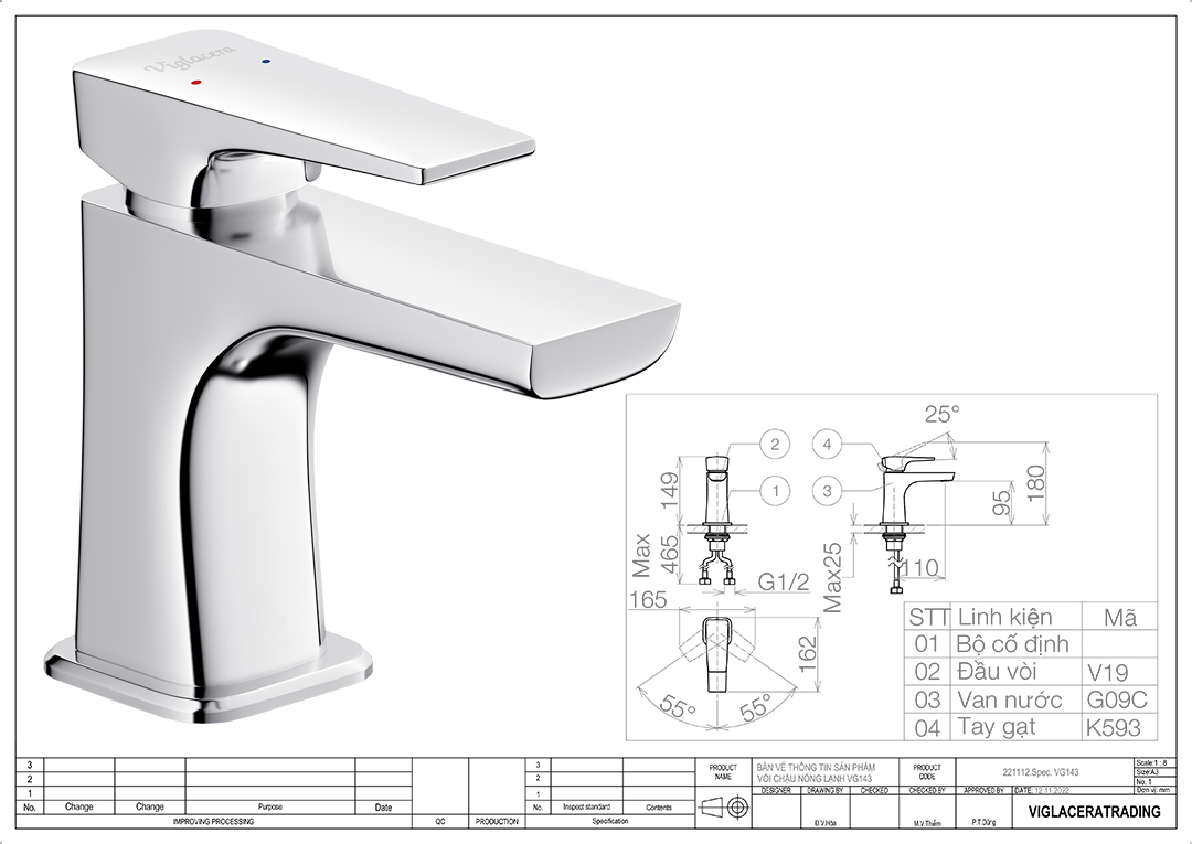 Thông số vòi lavabo nóng lạnh Viglacera VG143 Bản vẽ thông số kỹ thuật vòi chậu rửa lavabo nóng lạnh Viglacera VG143 chính hãng đúc nguyên khối từ đồng thau cao cấp.