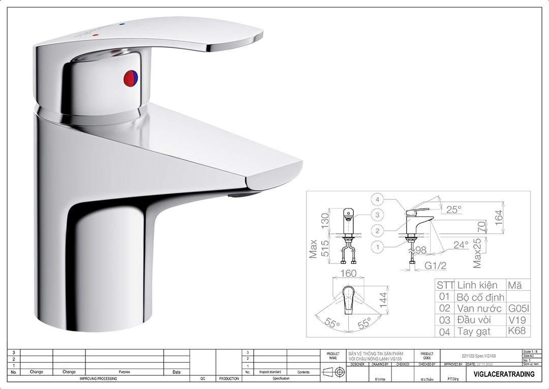 Thông số vòi lavabo nóng lạnh Viglacera VG168 Bản vẽ thông số kỹ thuật vòi chậu rửa lavabo nóng lạnh Viglacera VG168 chính hãng đúc nguyên khối từ đồng thau cao cấp.