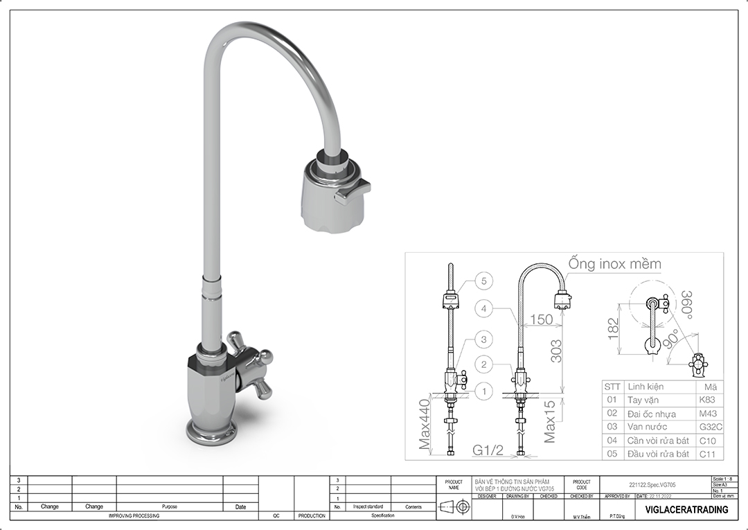 Thông số vòi rửa chén nóng lạnh Viglacera VG705 Bản vẽ thông số kỹ thuật vòi chậu rửa chén bát lạnh Viglacera VG705, loại vòi rửa gắn trên mặt chậu rửa chén bát